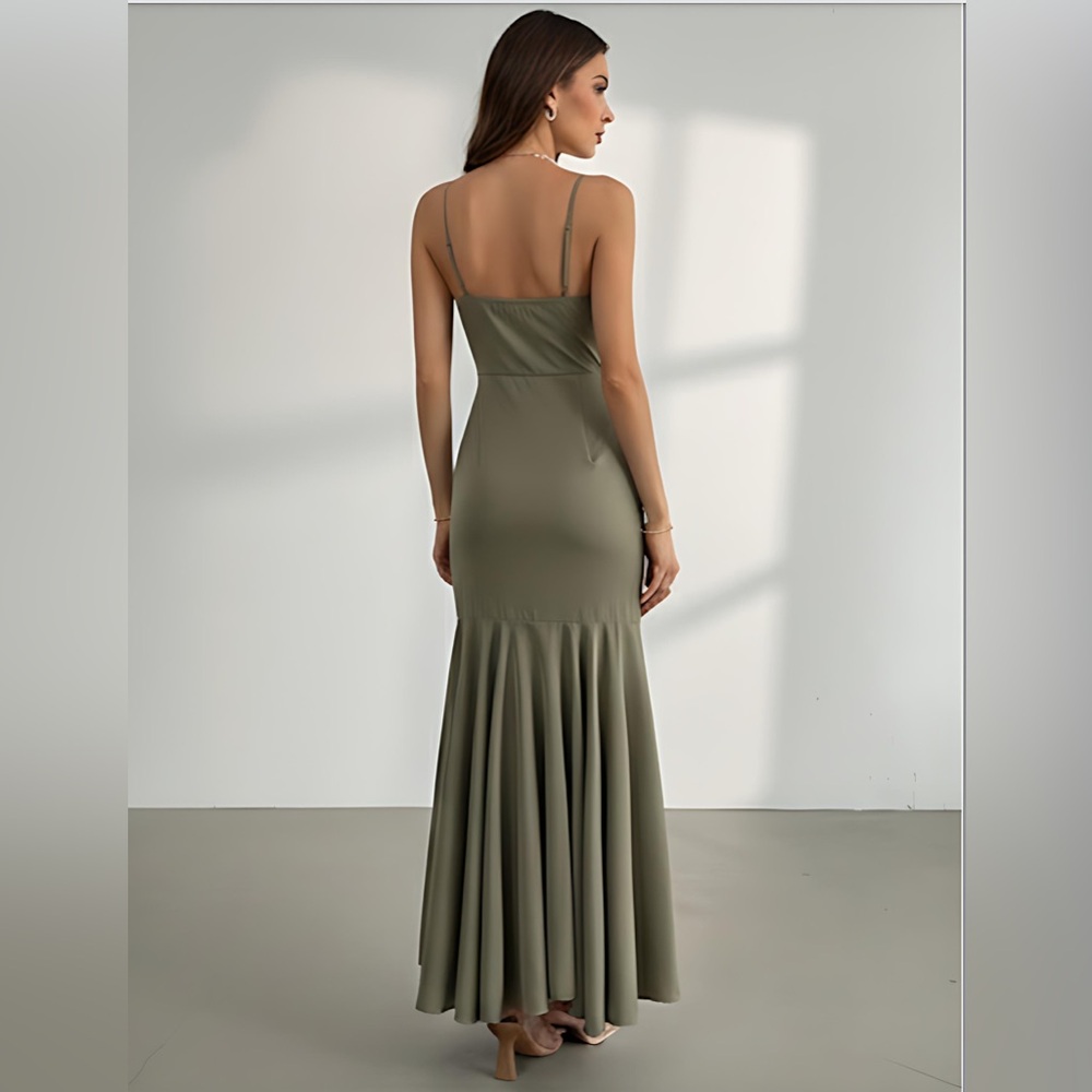 Asymmetrical Hem Ruffle Trim Spaghetti Strap Dress Green - Picture 4 of 14